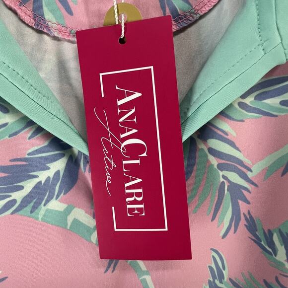 Ana Clare Active Top Womens L Pink Paradise Palm Print UPF 50 Polo Shirt Golf - Picture 8 of 10